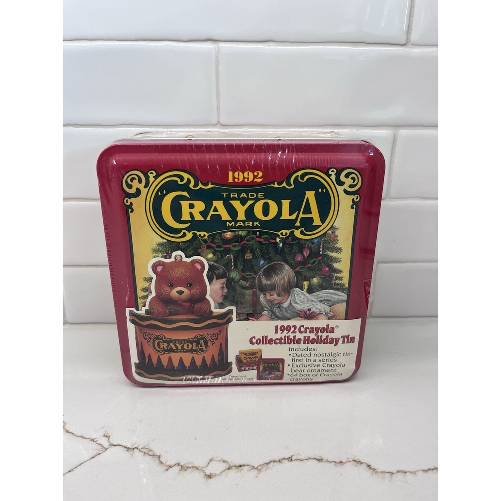 Vintage 1992 Crayola CollectibleHoliday Tin 64 Crayons BearOrnament Sealed NIB